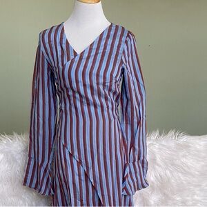 Anthropologie Blue and Brown Wrap Dress with Bishop Sleeves